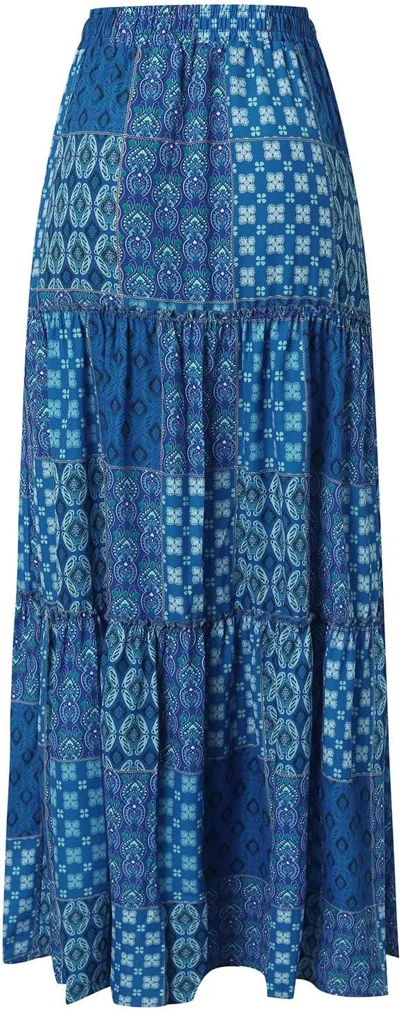 Flowy Long Maxi Skirts for Women Boho Floral Elastic High Waisted Tiered Pleated Summer Casual Beach Skirt