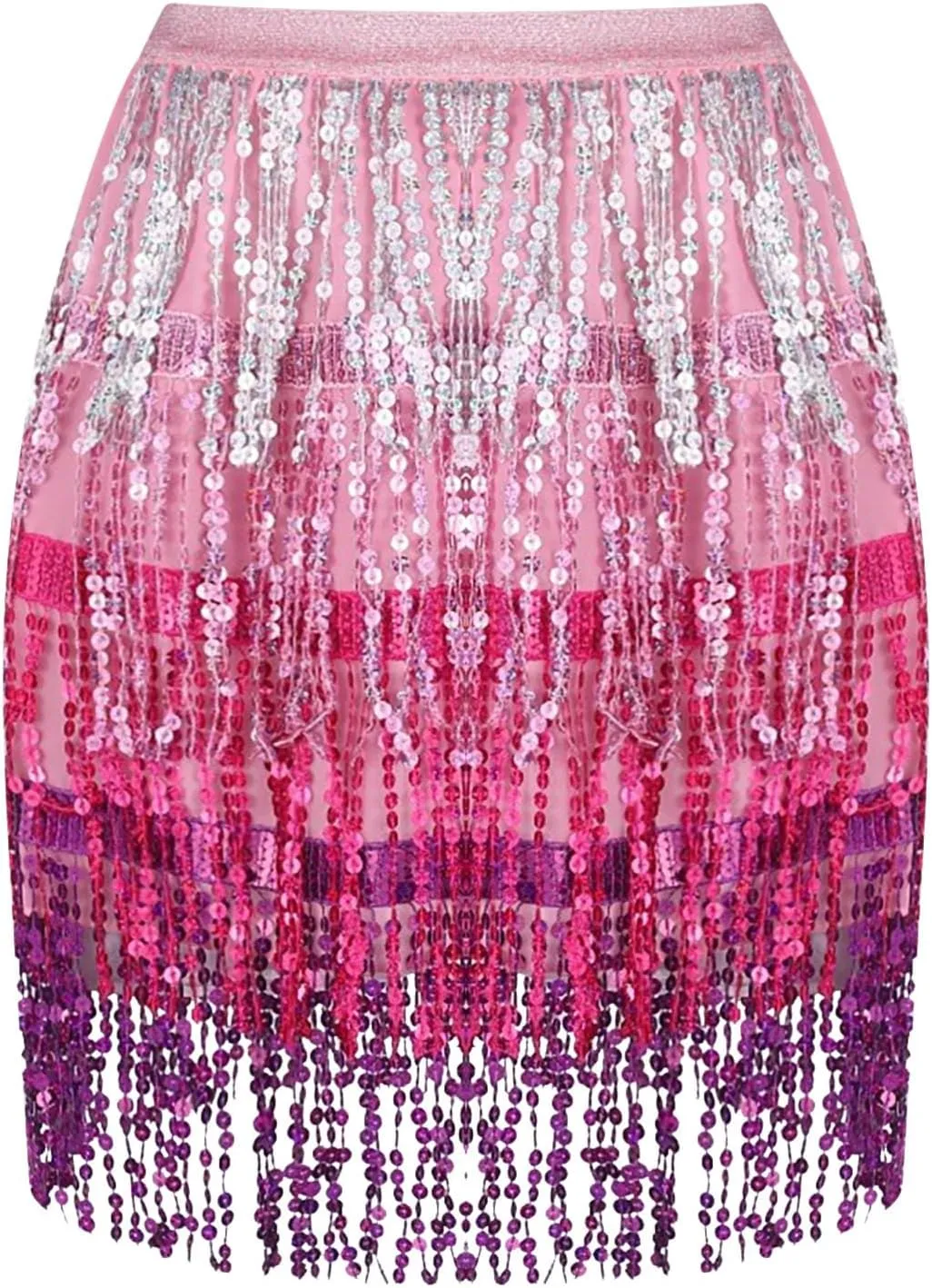 Fringe Skirts for Women Trendy Hip Scarf Tassel Elastic High Waisted Festival Sparkly Belly Dance Mini Sequin Skirt