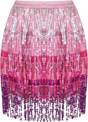Fringe Skirts for Women Trendy Hip Scarf Tassel Elastic High Waisted Festival Sparkly Belly Dance Mini Sequin Skirt