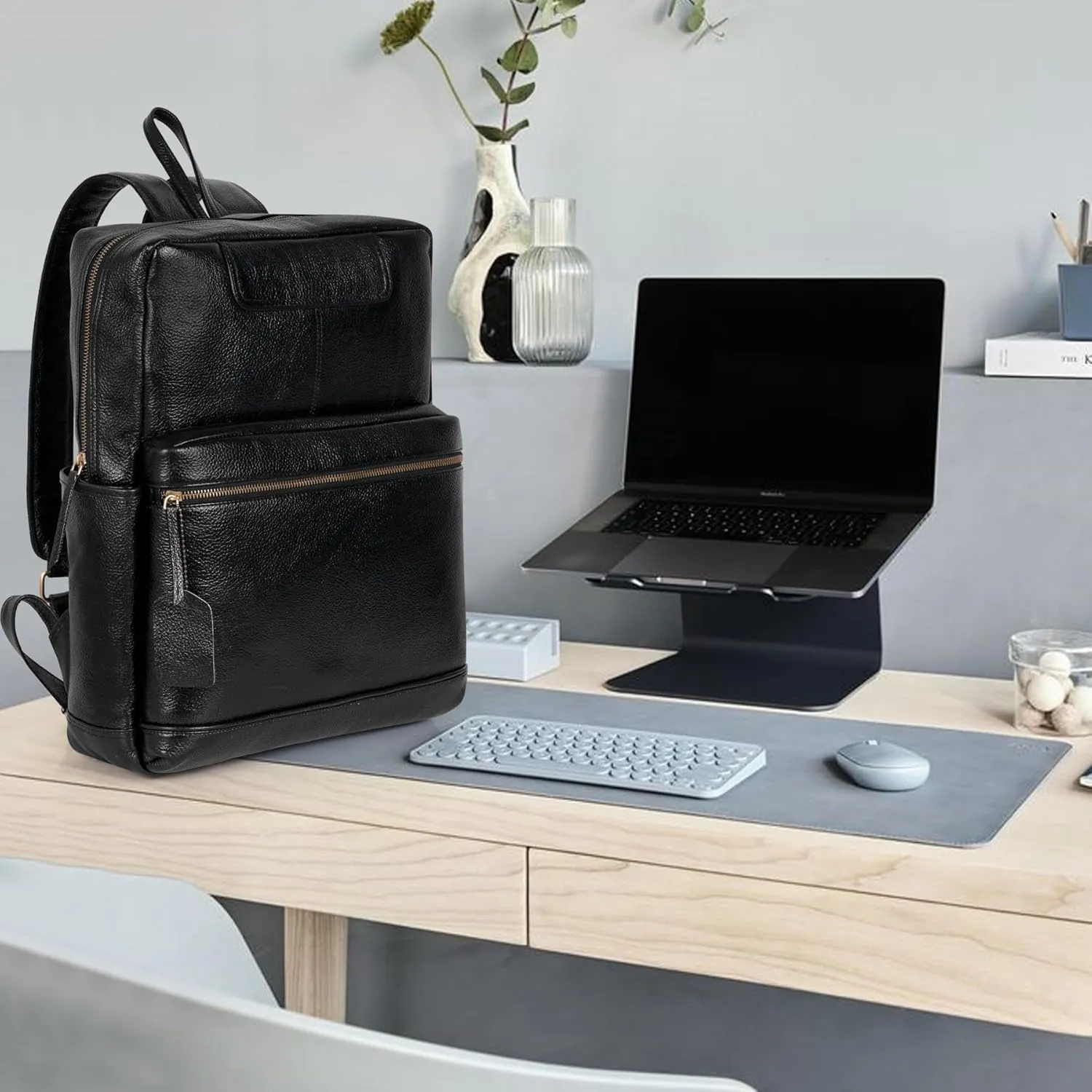 Full Grain Leather Laptop Backpack Bag Durable Lightweight Stylish Premium Office Travel 16'' Backpack (Black)