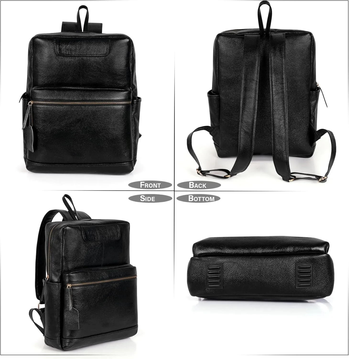 Full Grain Leather Laptop Backpack Bag Durable Lightweight Stylish Premium Office Travel 16'' Backpack (Black)