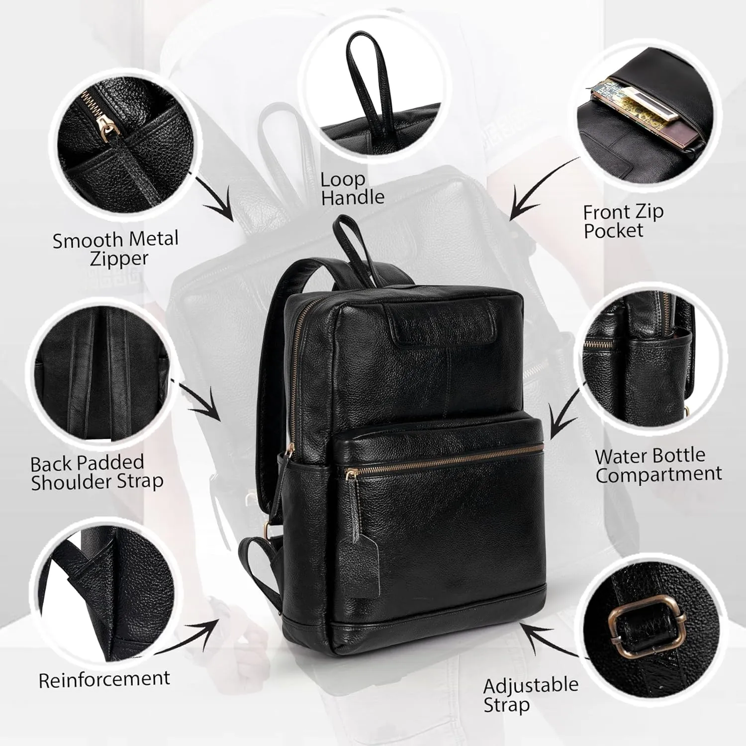 Full Grain Leather Laptop Backpack Bag Durable Lightweight Stylish Premium Office Travel 16'' Backpack (Black)