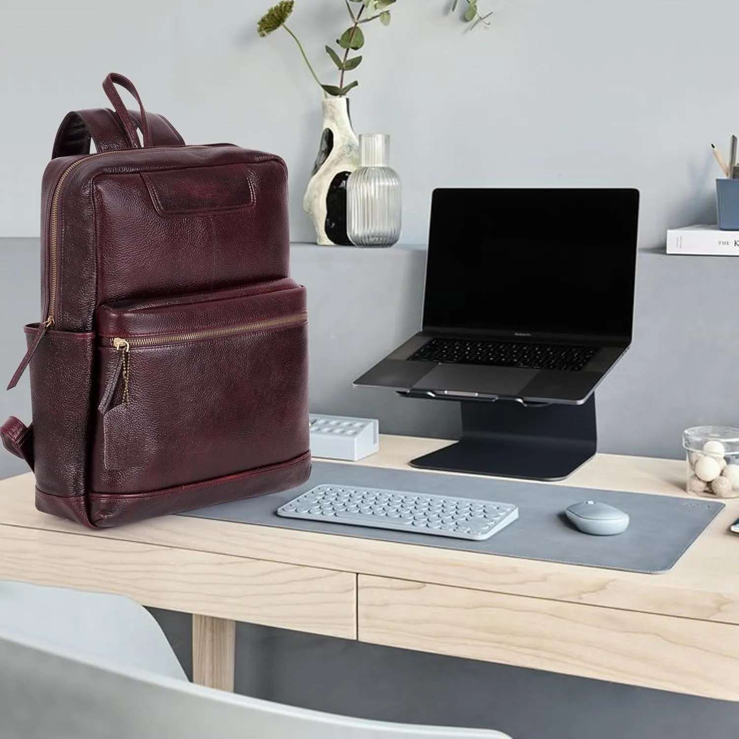 Full Grain Leather Laptop Backpack Bag Durable Lightweight Stylish Premium Office Travel 16'' Backpack (Brown)