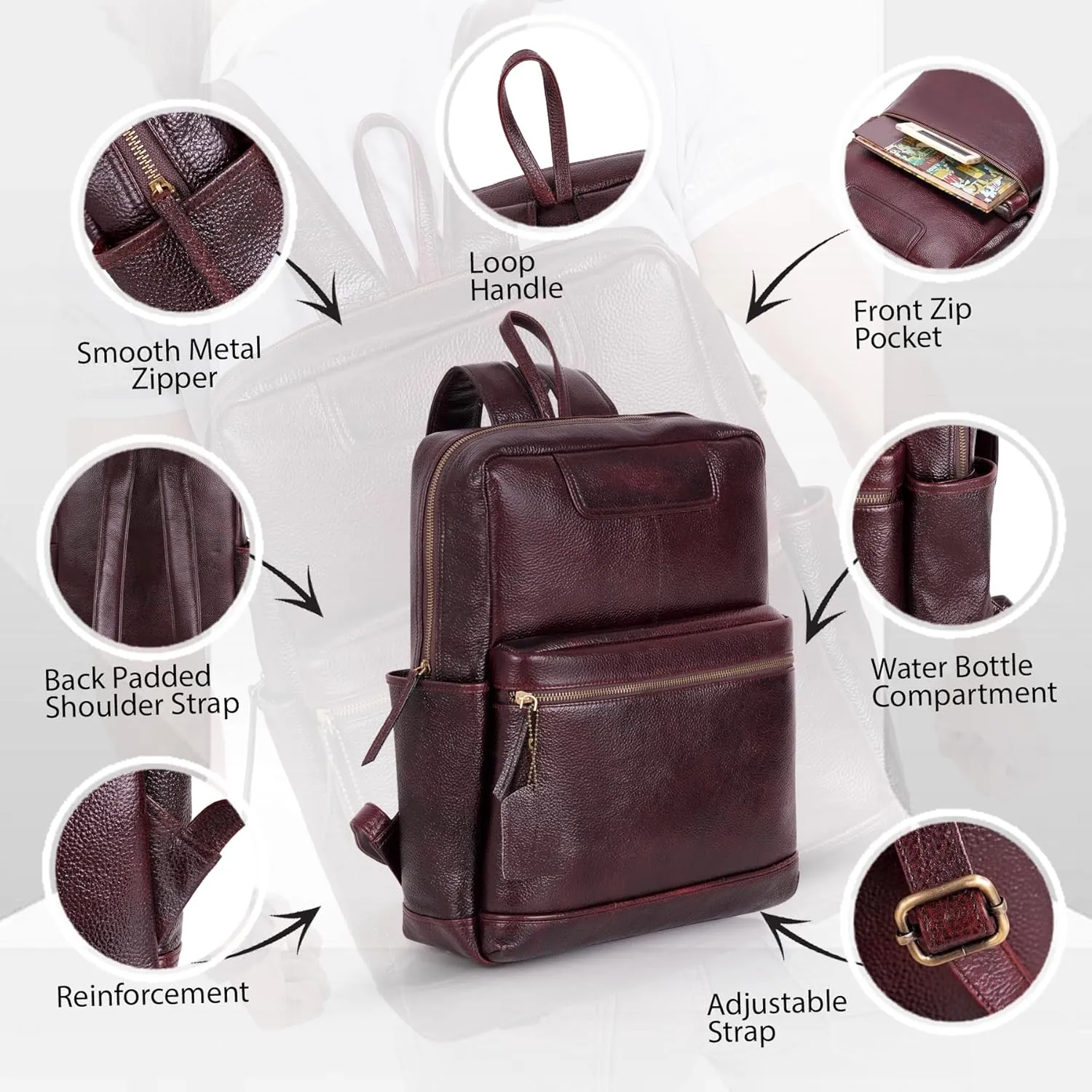 Full Grain Leather Laptop Backpack Bag Durable Lightweight Stylish Premium Office Travel 16'' Backpack (Brown)