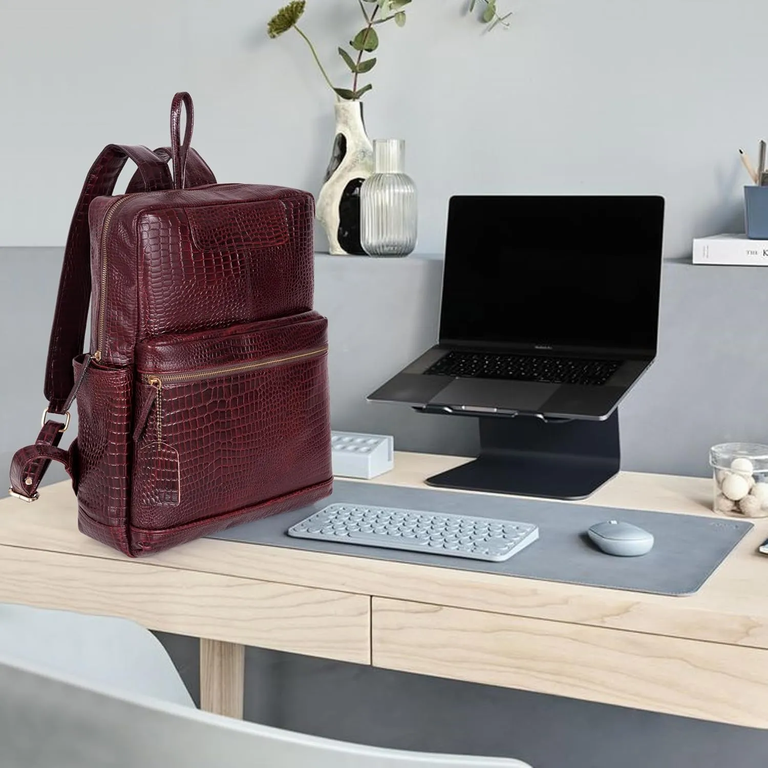 Full Grain Leather Laptop Backpack Bag Durable Lightweight Stylish Premium Office Travel 16'' Backpack (Croco Brown)