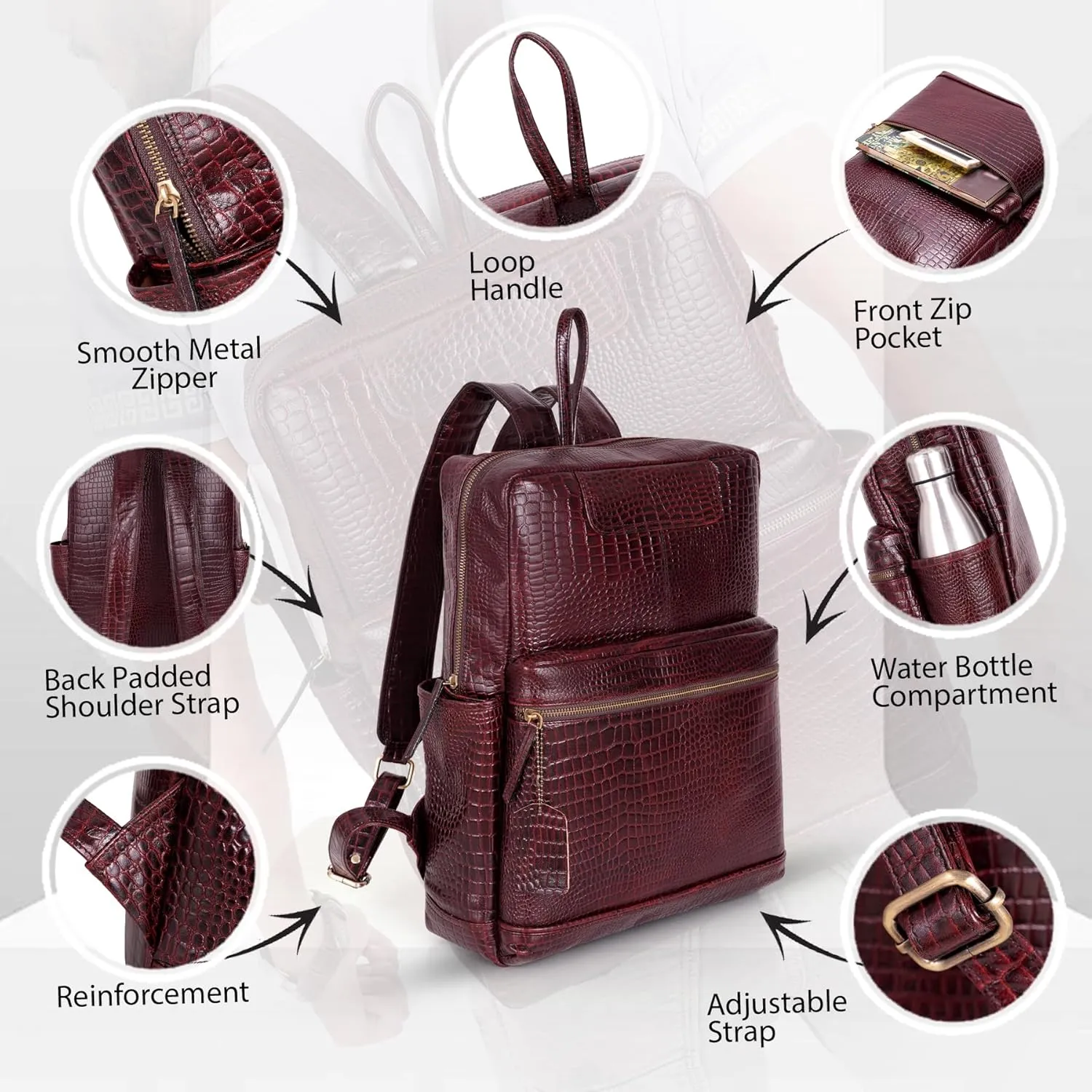 Full Grain Leather Laptop Backpack Bag Durable Lightweight Stylish Premium Office Travel 16'' Backpack (Croco Brown)
