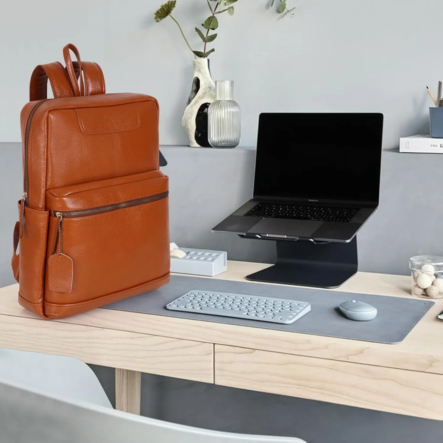Full Grain Leather Laptop Backpack Bag Durable Lightweight Stylish Premium Office Travel 16'' Backpack (Tan)