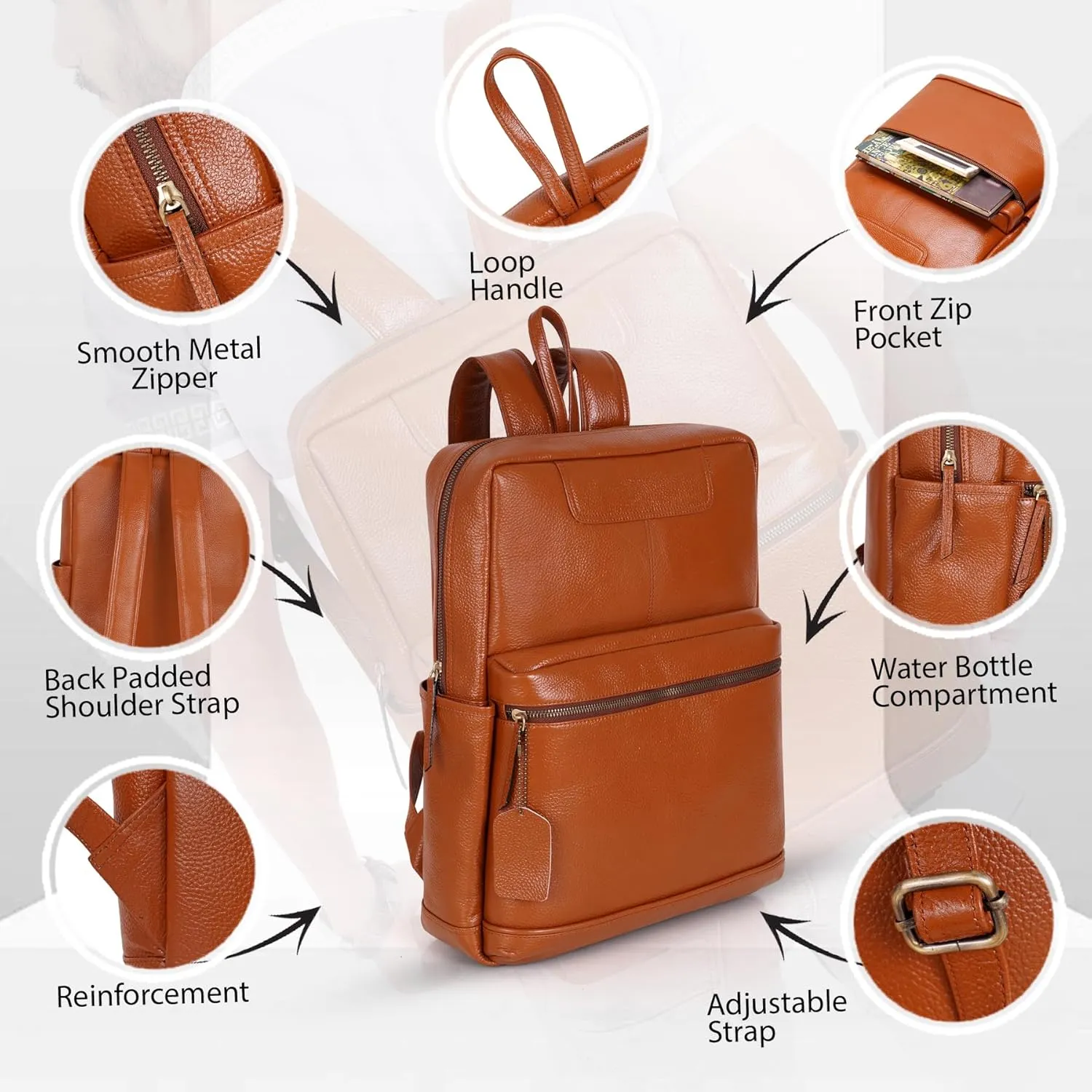 Full Grain Leather Laptop Backpack Bag Durable Lightweight Stylish Premium Office Travel 16'' Backpack (Tan)