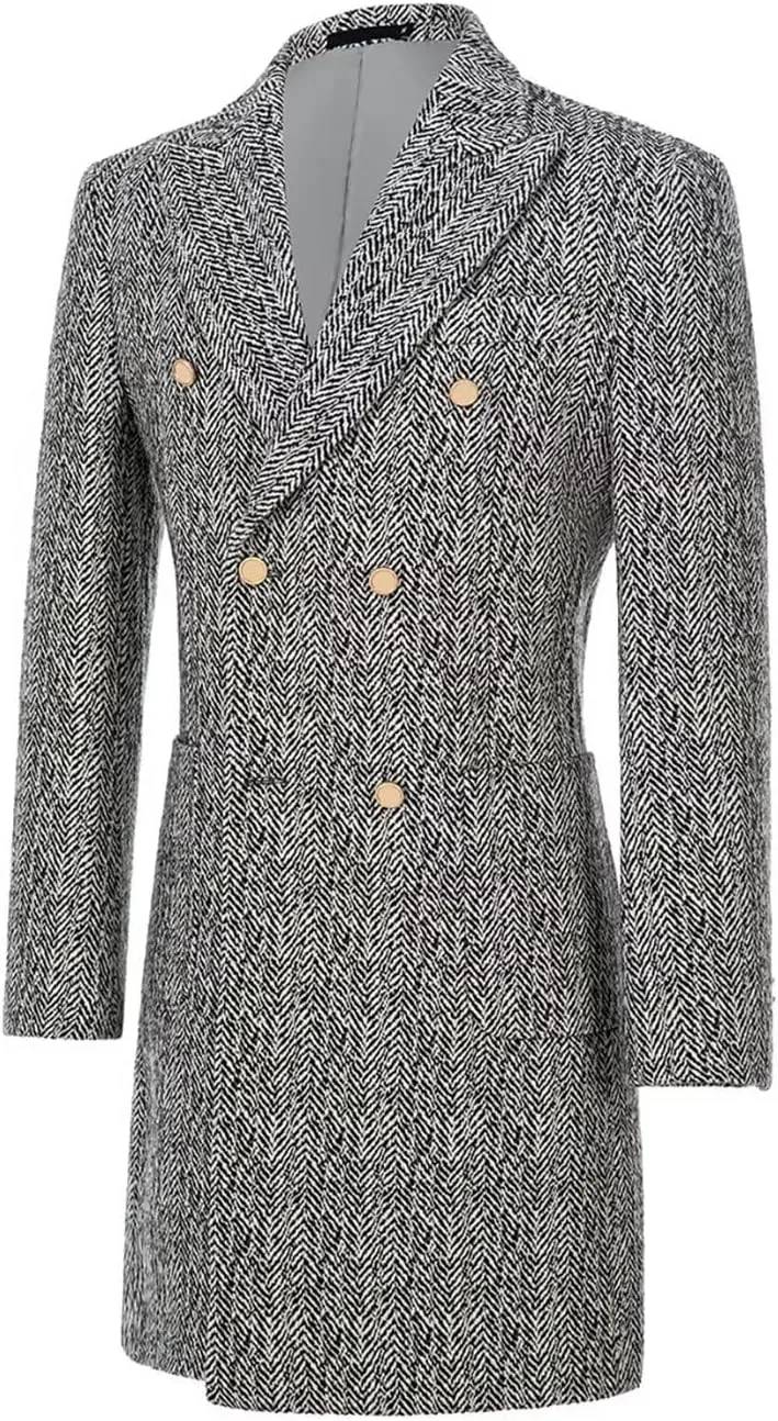 Fxzpiodi Mens Trench Coats Wools Herringbone Tweed Winter Long Jacket Blazer Men Lapel Collar Peacoat for Prom Business Party