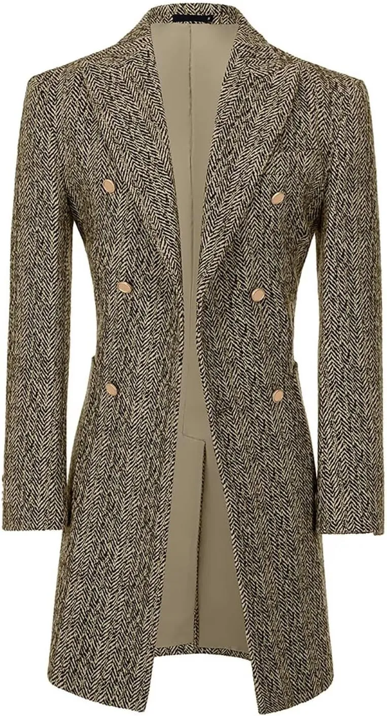 Fxzpiodi Mens Trench Coats Wools Herringbone Tweed Winter Long Jacket Blazer Men Lapel Collar Peacoat for Prom Business Party