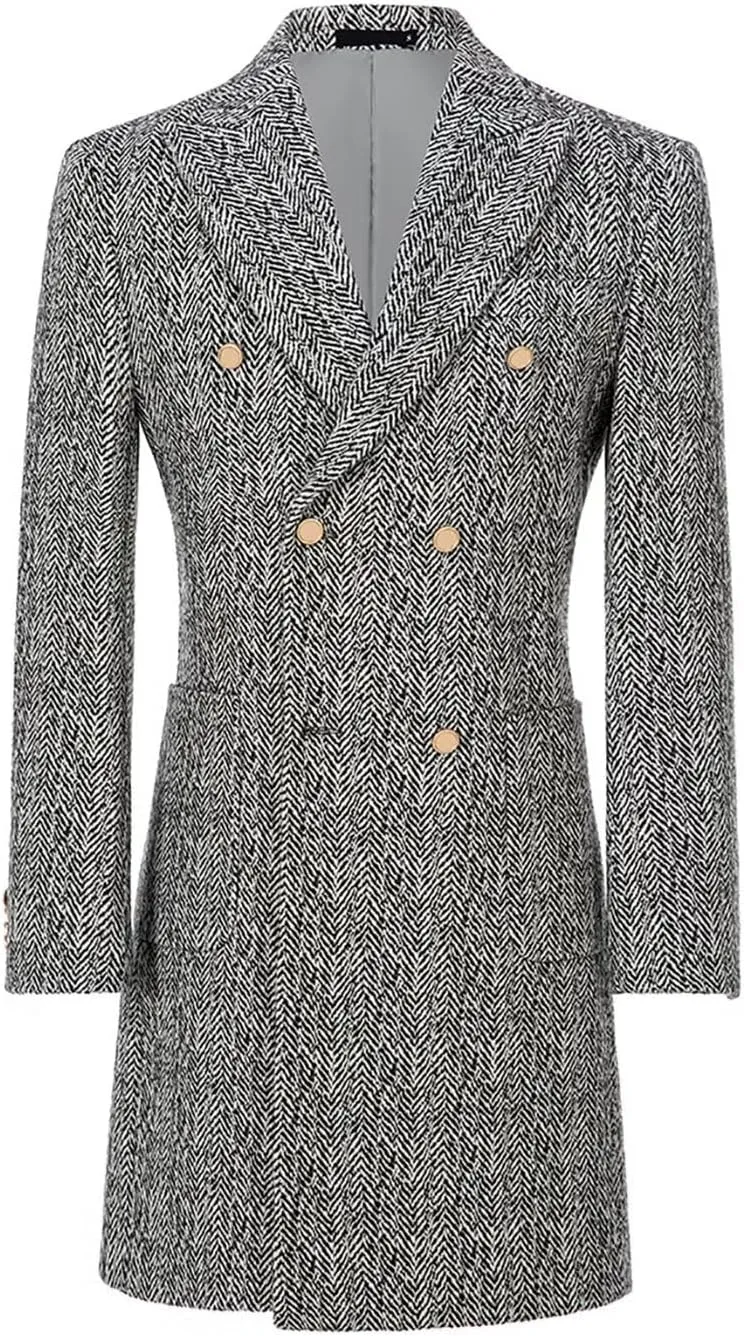 Fxzpiodi Mens Trench Coats Wools Herringbone Tweed Winter Long Jacket Blazer Men Lapel Collar Peacoat for Prom Business Party