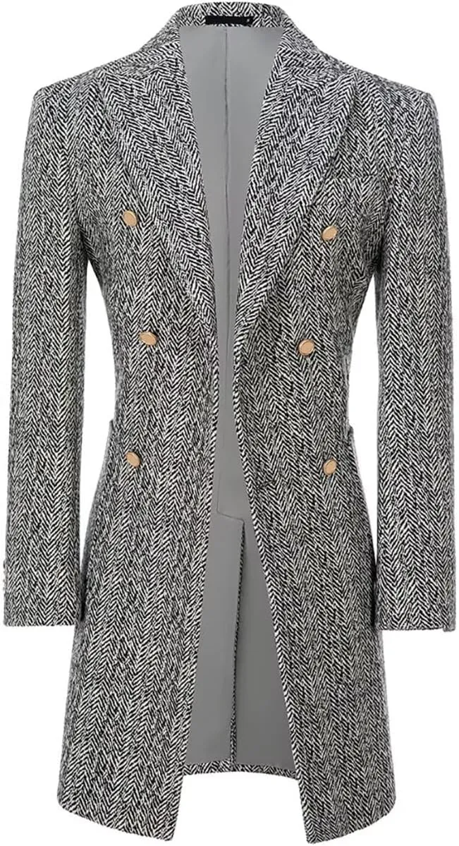 Fxzpiodi Mens Trench Coats Wools Herringbone Tweed Winter Long Jacket Blazer Men Lapel Collar Peacoat for Prom Business Party