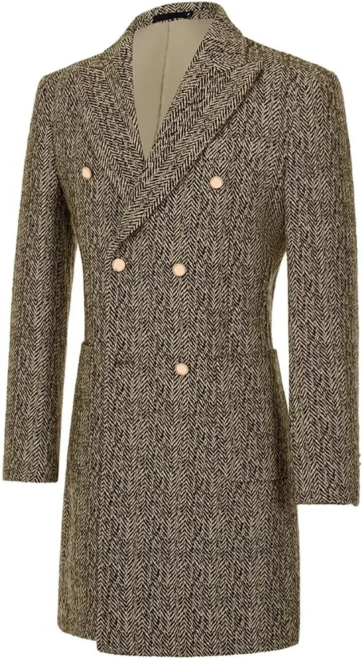 Fxzpiodi Mens Trench Coats Wools Herringbone Tweed Winter Long Jacket Blazer Men Lapel Collar Peacoat for Prom Business Party