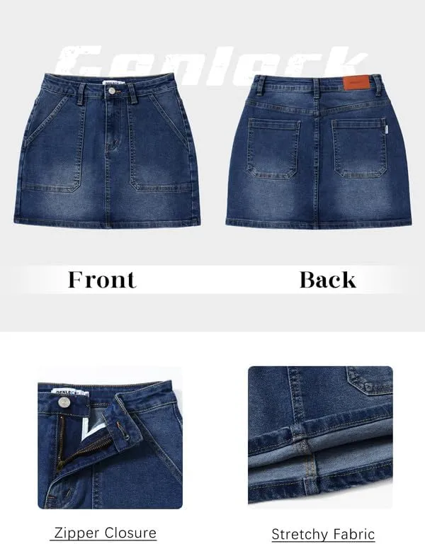 Genleck Denim Skirts for Women  Cargo Jean Skirts with Pockets High Waist Stretch Cute Y2K Casual Mini Skirts