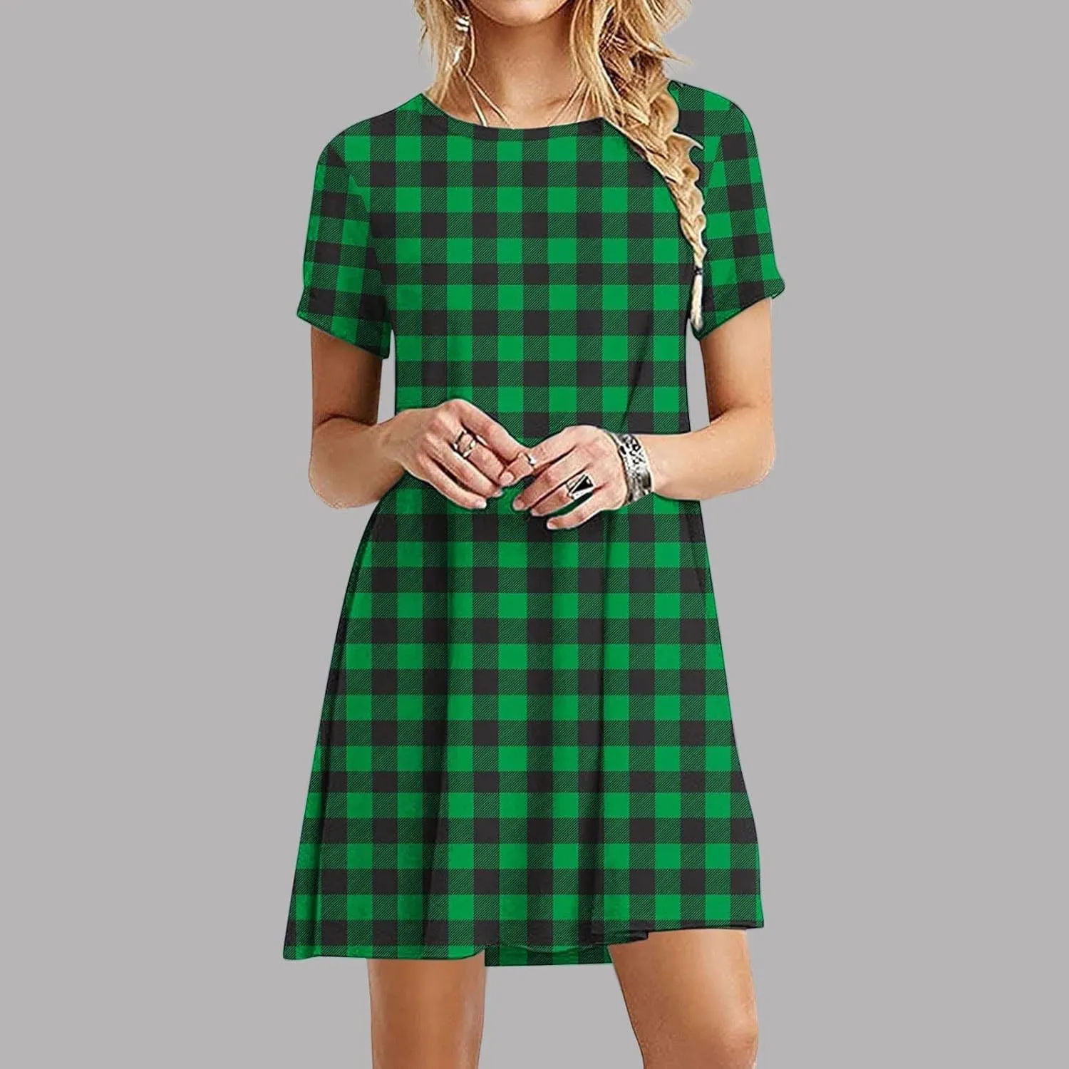 Going Out Dresses for Women 2025 Summer Short Sleeve Crew Neck Mini Dress Vintage Gingham Print Casual Beach Dress