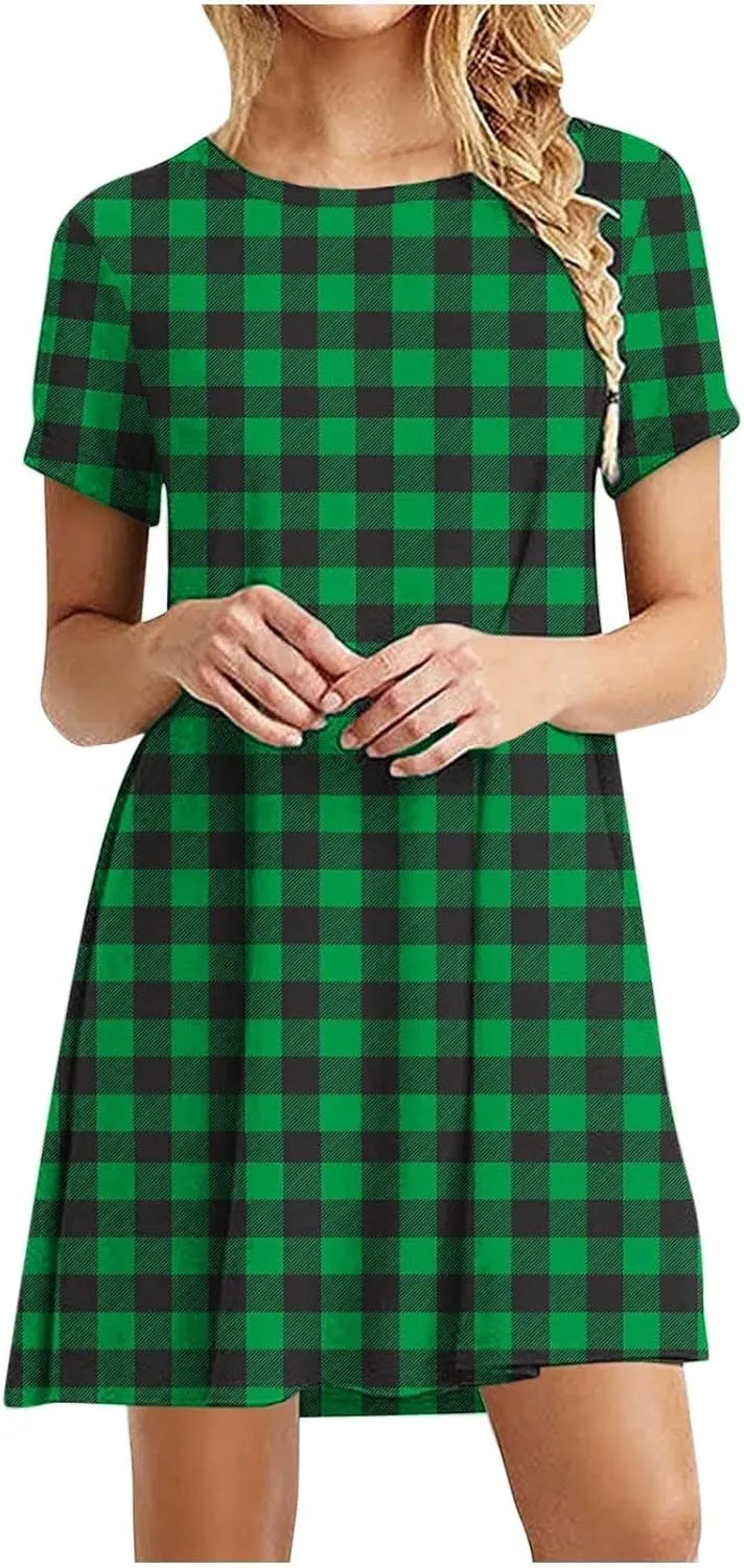 Going Out Dresses for Women 2025 Summer Short Sleeve Crew Neck Mini Dress Vintage Gingham Print Casual Beach Dress