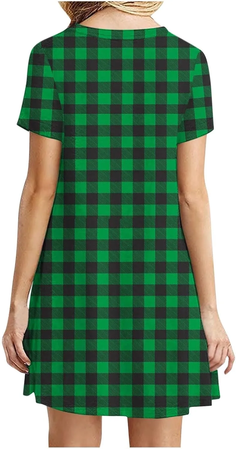 Going Out Dresses for Women 2025 Summer Short Sleeve Crew Neck Mini Dress Vintage Gingham Print Casual Beach Dress