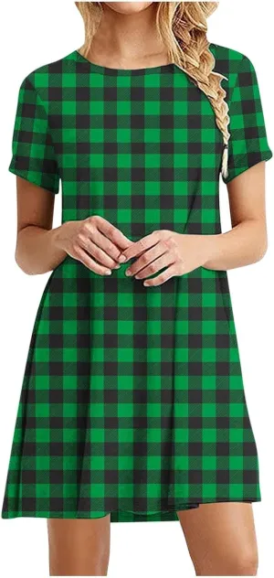 Going Out Dresses for Women 2025 Summer Short Sleeve Crew Neck Mini Dress Vintage Gingham Print Casual Beach Dress