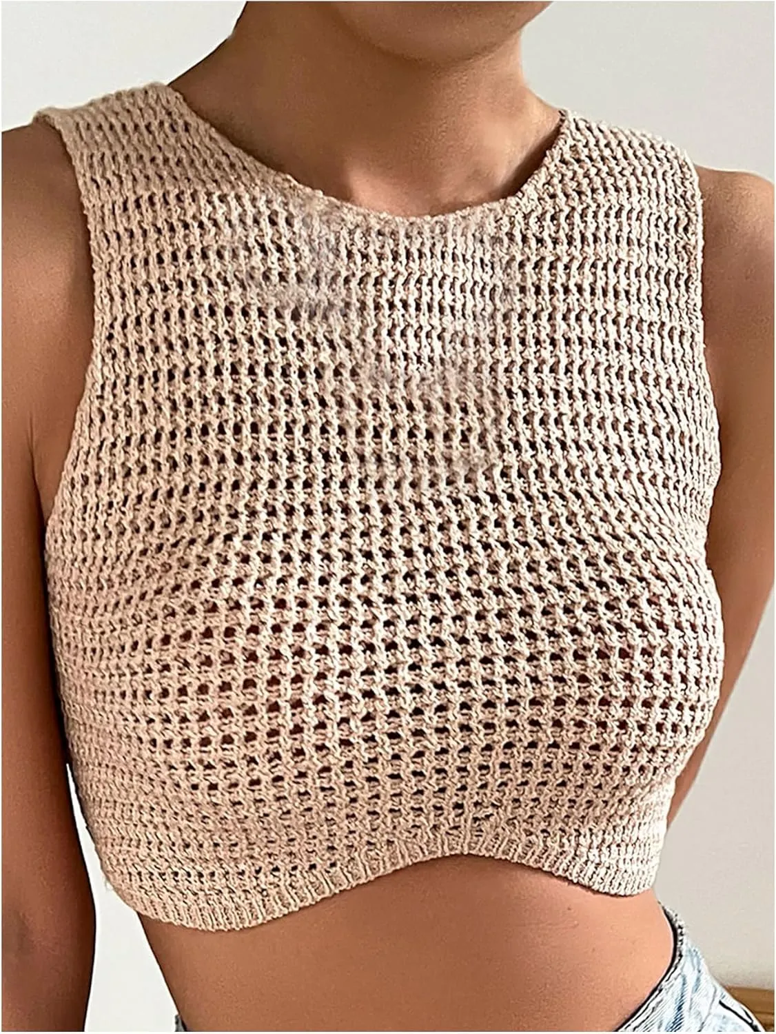 GORGLITTER Women's Crochet Cropped Vests Top Hollow Out Crewneck Sleeveless Trendy Knit Tank Tops