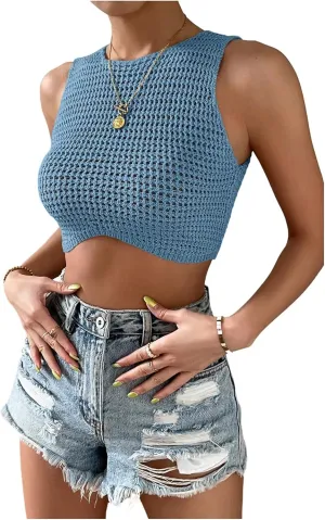 GORGLITTER Women's Crochet Cropped Vests Top Hollow Out Crewneck Sleeveless Trendy Knit Tank Tops