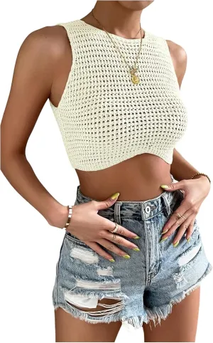 GORGLITTER Women's Crochet Cropped Vests Top Hollow Out Crewneck Sleeveless Trendy Knit Tank Tops