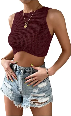 GORGLITTER Women's Crochet Cropped Vests Top Hollow Out Crewneck Sleeveless Trendy Knit Tank Tops