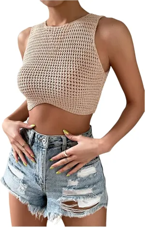 GORGLITTER Women's Crochet Cropped Vests Top Hollow Out Crewneck Sleeveless Trendy Knit Tank Tops