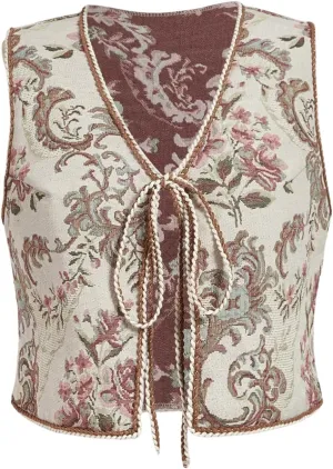 GORGLITTER Women's Plus Size Floral Embroidered Tie Front Vest Vintage Sleeveless V Neck Boho Vests Top