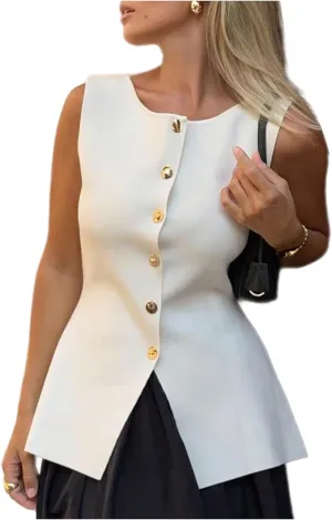 GORGLITTER Women's Sleeveless Blazer Vest Dressy Button Up Vest Top Elegant Crew Neck Knit Tops Office Suit Vests 2025