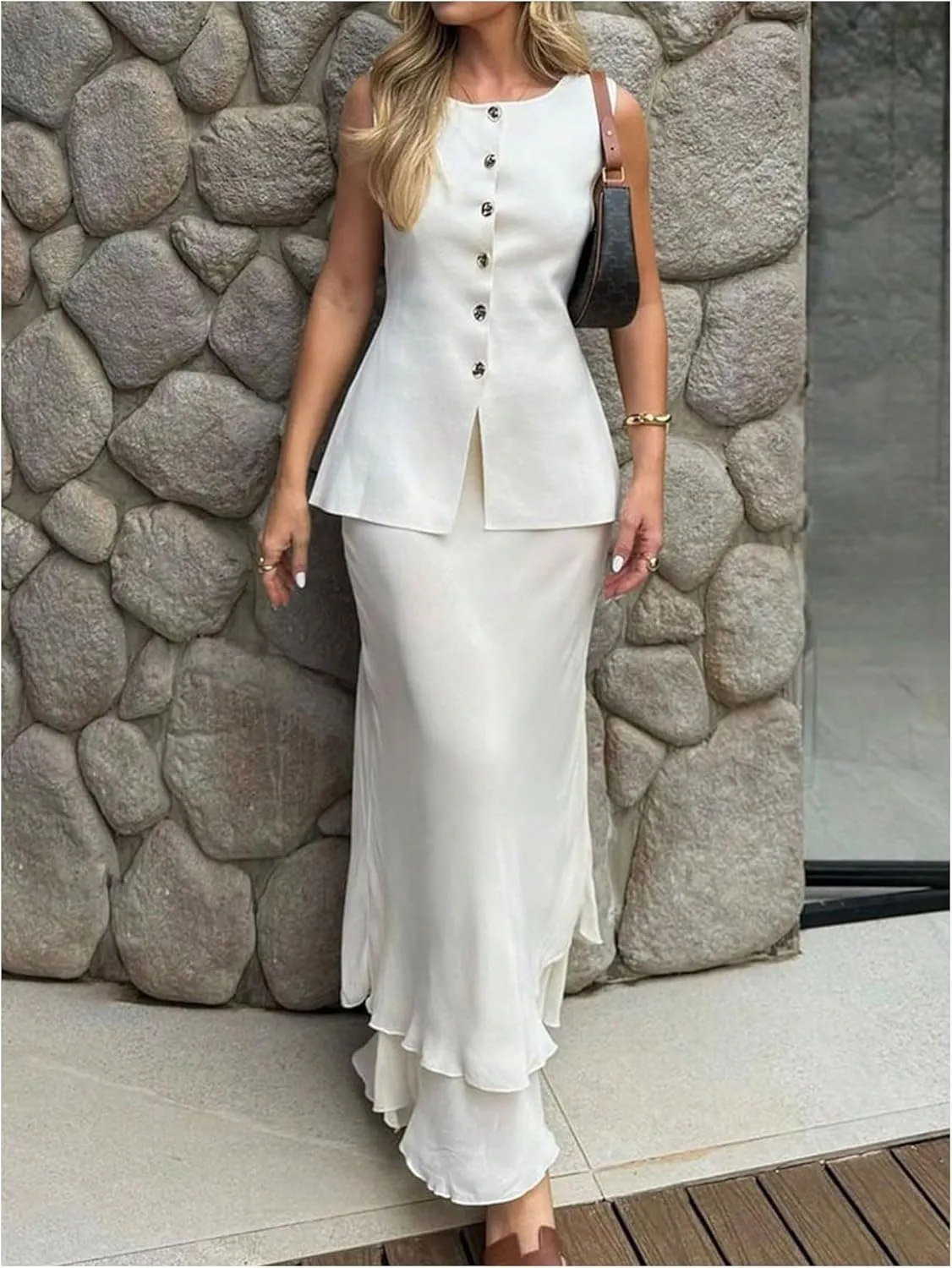 GORGLITTER Women's Sleeveless Blazer Vest Dressy Button Up Vest Top Elegant Crew Neck Knit Tops Office Suit Vests 2025