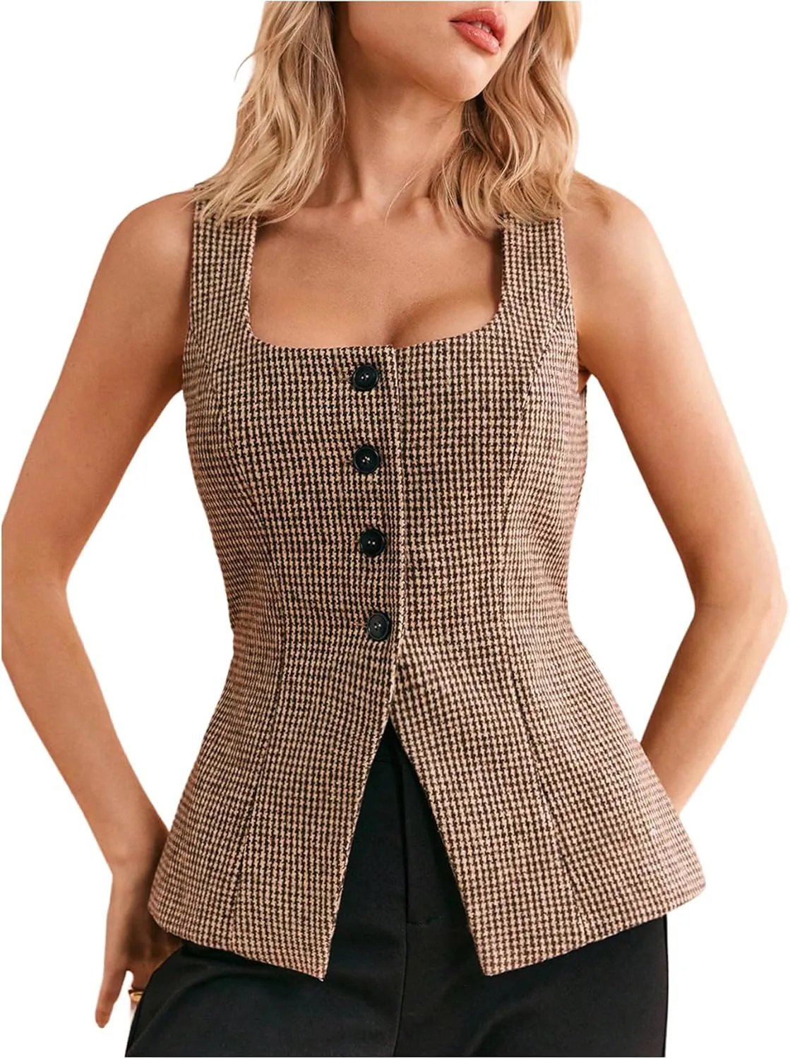 GORGLITTER Women's Tweed Blazer Vest Tops Sleeveless Square Neck Business Casual Cardigan Vests Western Cowgirl Outfits