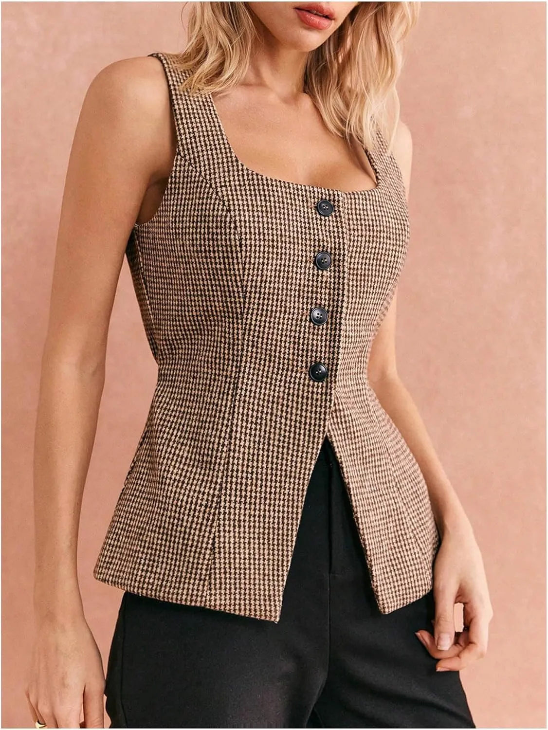 GORGLITTER Women's Tweed Blazer Vest Tops Sleeveless Square Neck Business Casual Cardigan Vests Western Cowgirl Outfits