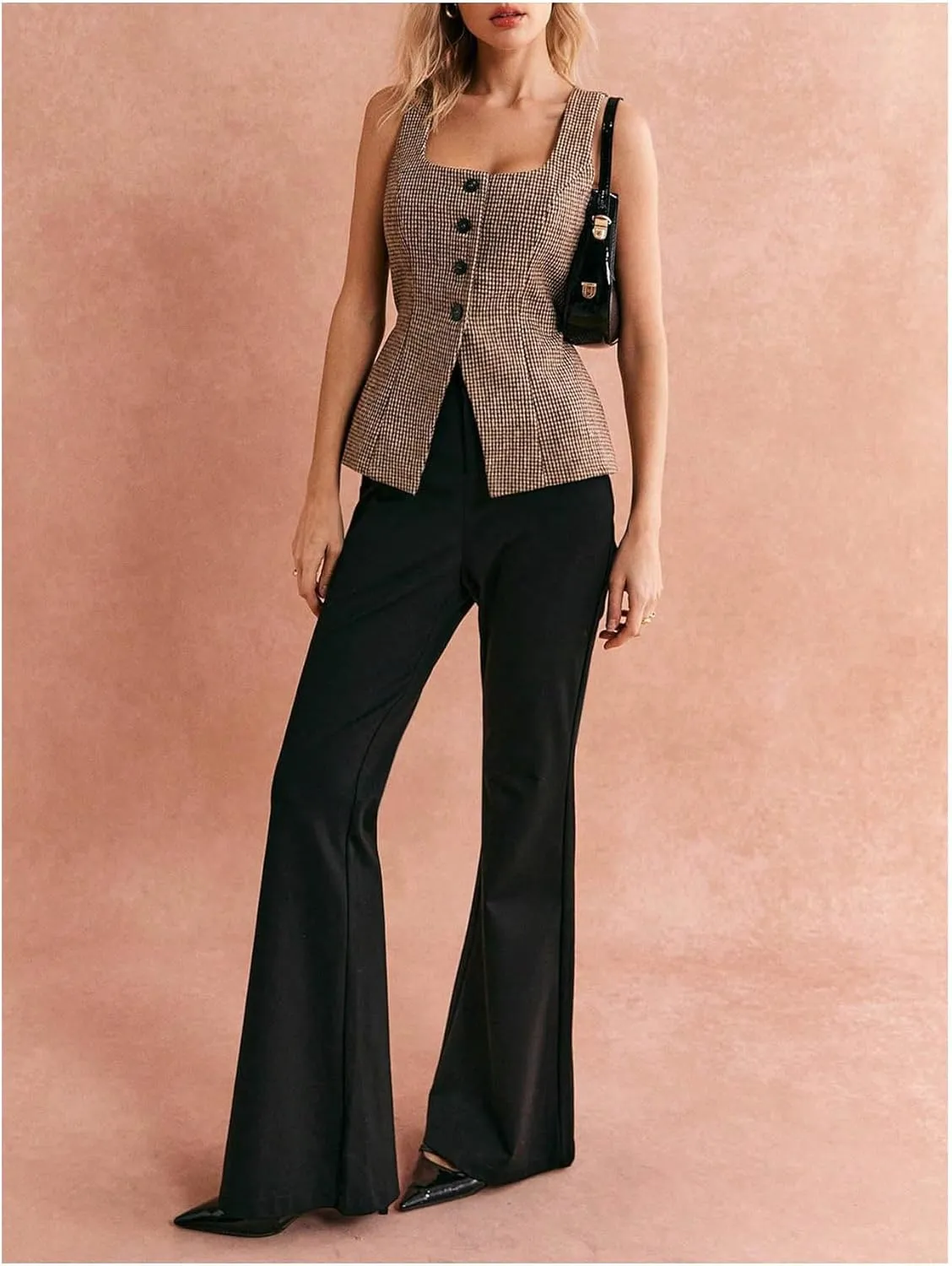 GORGLITTER Women's Tweed Blazer Vest Tops Sleeveless Square Neck Business Casual Cardigan Vests Western Cowgirl Outfits