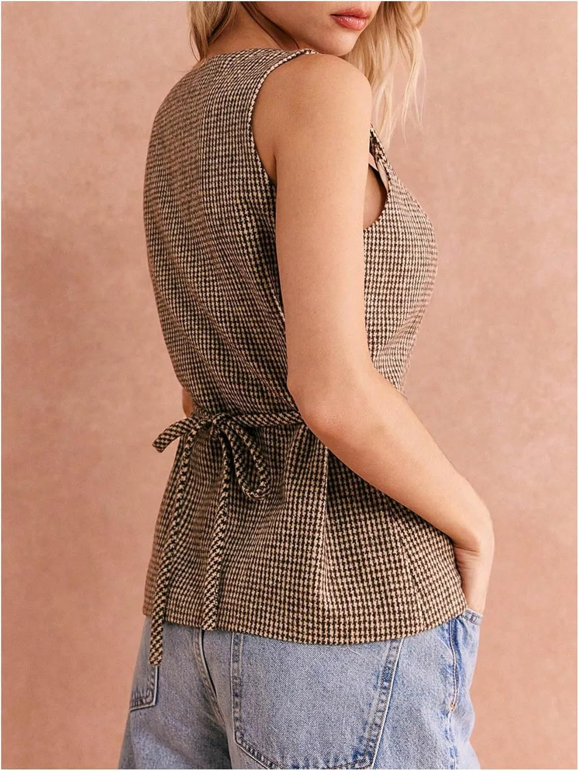 GORGLITTER Women's Tweed Blazer Vest Tops Sleeveless Square Neck Business Casual Cardigan Vests Western Cowgirl Outfits