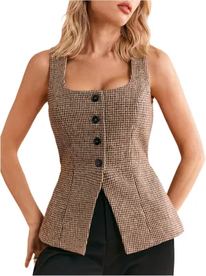 GORGLITTER Women's Tweed Blazer Vest Tops Sleeveless Square Neck Business Casual Cardigan Vests Western Cowgirl Outfits