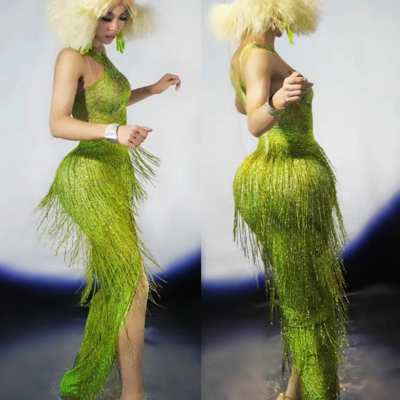 green Fringes Summer Sleeveless Long Dress
