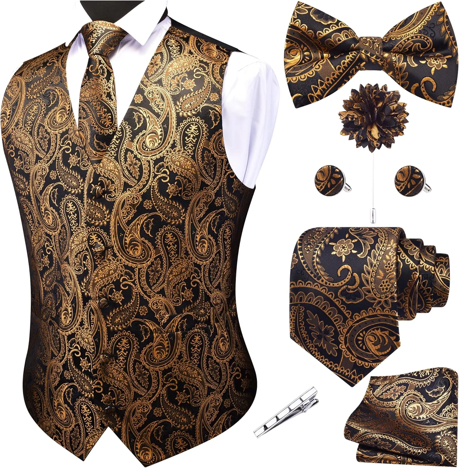 GUSLESON Men's V-Neck Suit Vests Formal Men Vest Paisley Jacquard Tie Waistcoat Bow tie Hanky Set Wedding 7PCS