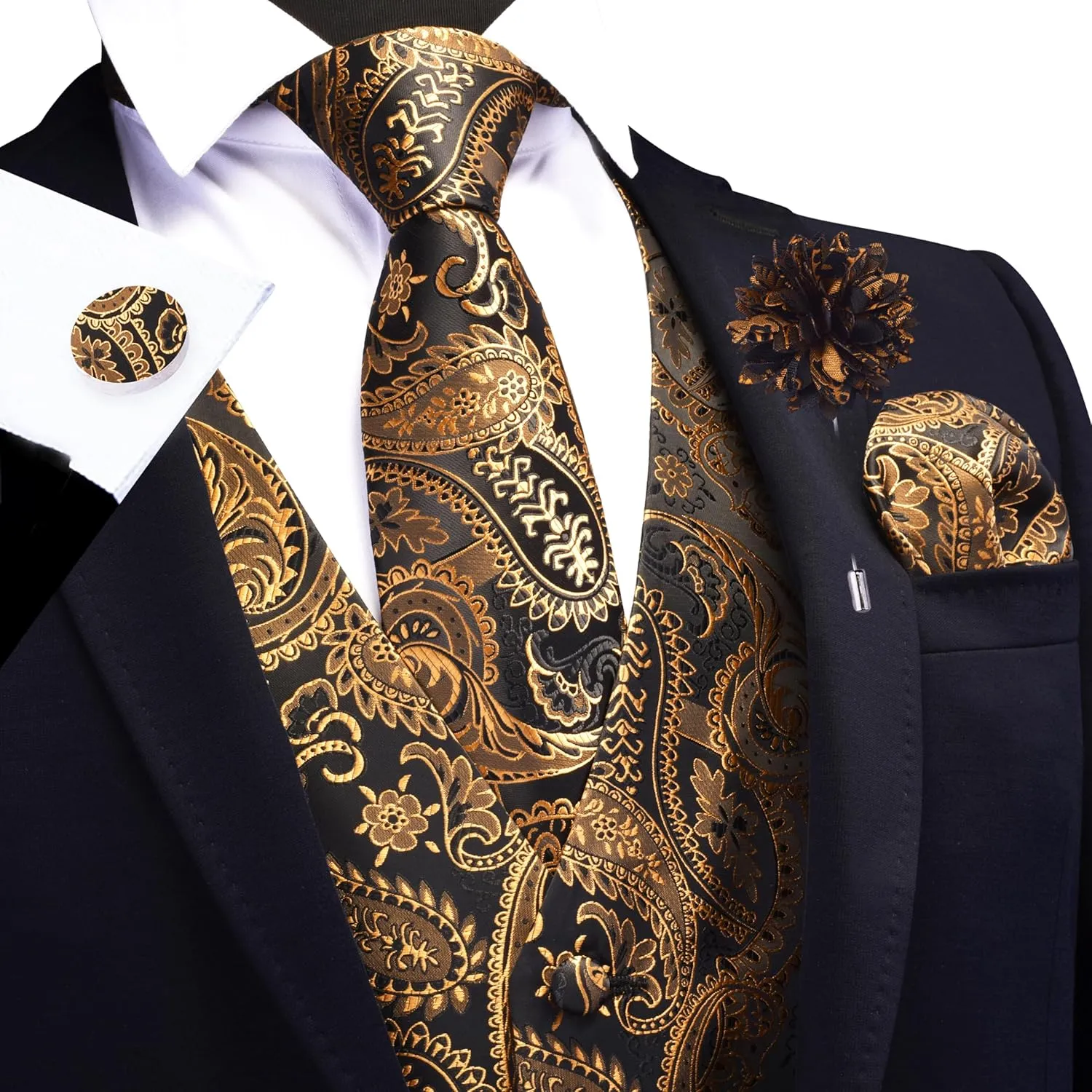 GUSLESON Men's V-Neck Suit Vests Formal Men Vest Paisley Jacquard Tie Waistcoat Bow tie Hanky Set Wedding 7PCS