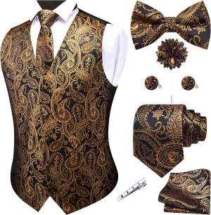 GUSLESON Men's V-Neck Suit Vests Formal Men Vest Paisley Jacquard Tie Waistcoat Bow tie Hanky Set Wedding 7PCS