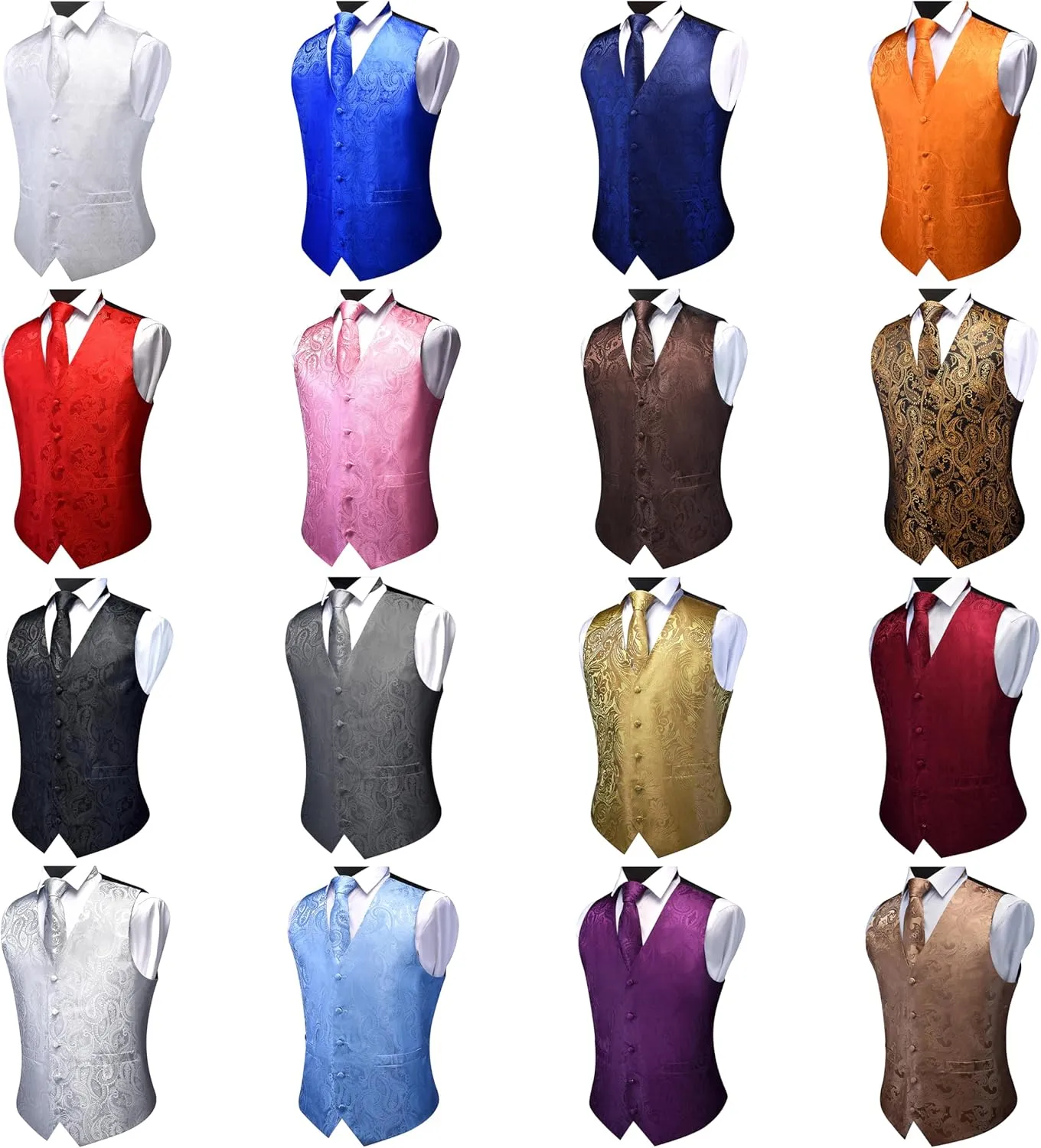 GUSLESON Men's V-Neck Suit Vests Formal Men Vest Paisley Jacquard Tie Waistcoat Bow tie Hanky Set Wedding 7PCS