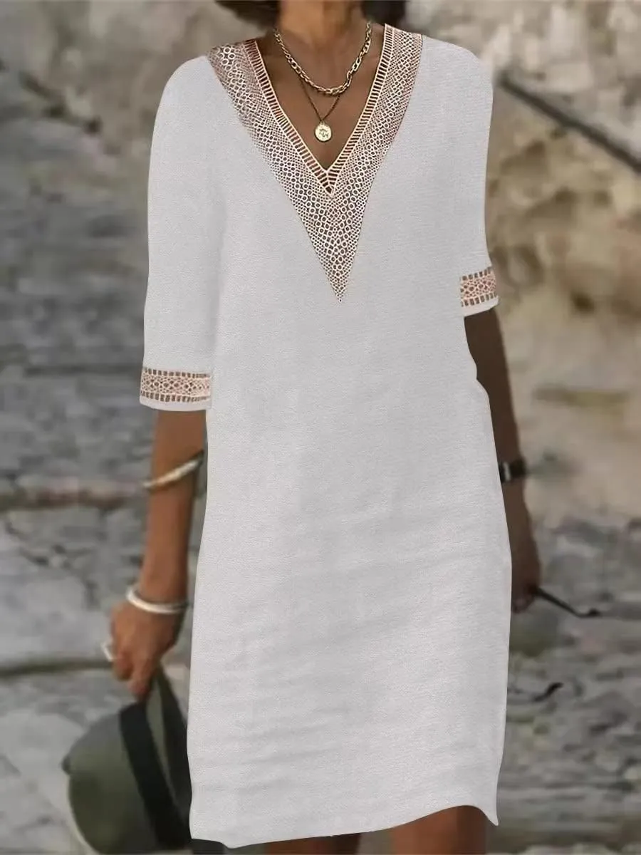 Guteidee Cotton Linen Midi Dress for Womens Lace V Neck Half Sleeve Summer Plus Size Knee Length Shift Beach Dresses