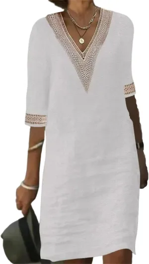 Guteidee Cotton Linen Midi Dress for Womens Lace V Neck Half Sleeve Summer Plus Size Knee Length Shift Beach Dresses