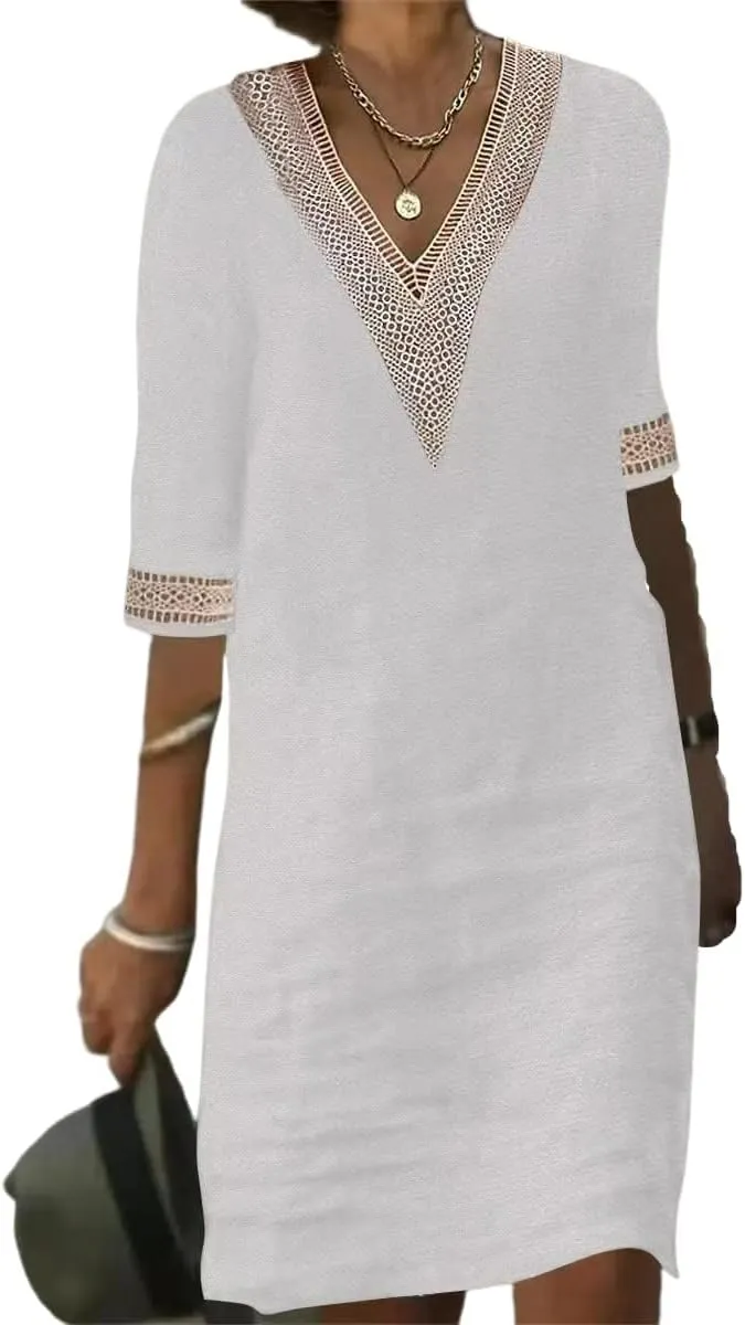 Guteidee Cotton Linen Midi Dress for Womens Lace V Neck Half Sleeve Summer Plus Size Knee Length Shift Beach Dresses