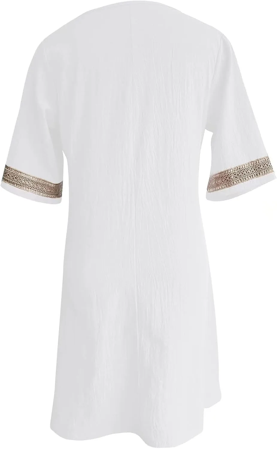 Guteidee Cotton Linen Midi Dress for Womens Lace V Neck Half Sleeve Summer Plus Size Knee Length Shift Beach Dresses