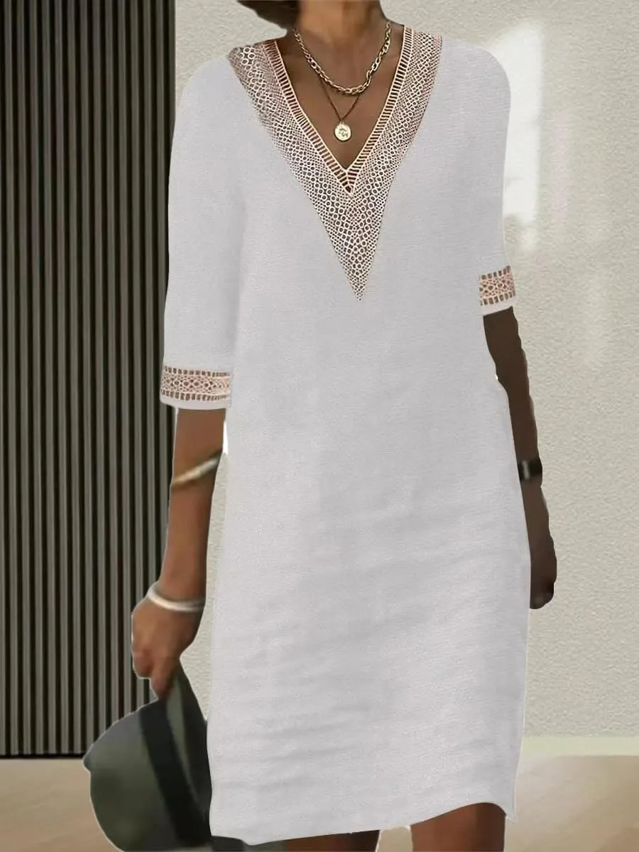 Guteidee Cotton Linen Midi Dress for Womens Lace V Neck Half Sleeve Summer Plus Size Knee Length Shift Beach Dresses