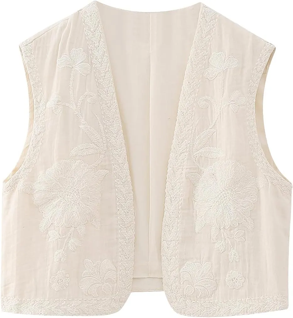 hathne Women's Floral Embroidered Vest Boho Vintage Sleeveless Open Front Cardigan Shirt Vests Waistcoat