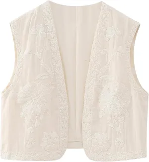 hathne Women's Floral Embroidered Vest Boho Vintage Sleeveless Open Front Cardigan Shirt Vests Waistcoat