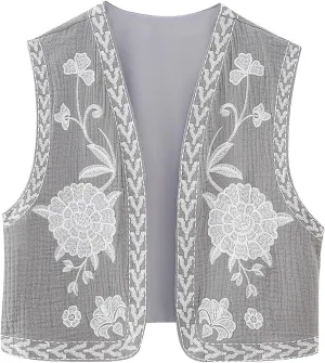 hathne Women's Floral Embroidered Vest Boho Vintage Sleeveless Open Front Cardigan Shirt Vests Waistcoat