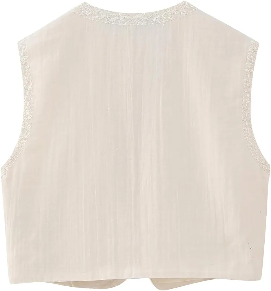 hathne Women's Floral Embroidered Vest Boho Vintage Sleeveless Open Front Cardigan Shirt Vests Waistcoat