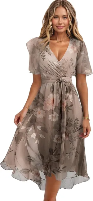 HAVUITYY Women's Chiffon Midi Dress 2025 Summer Spring Wedding Guest Party Short Sleeve Casual Flowy V-Neck A-Line Dress